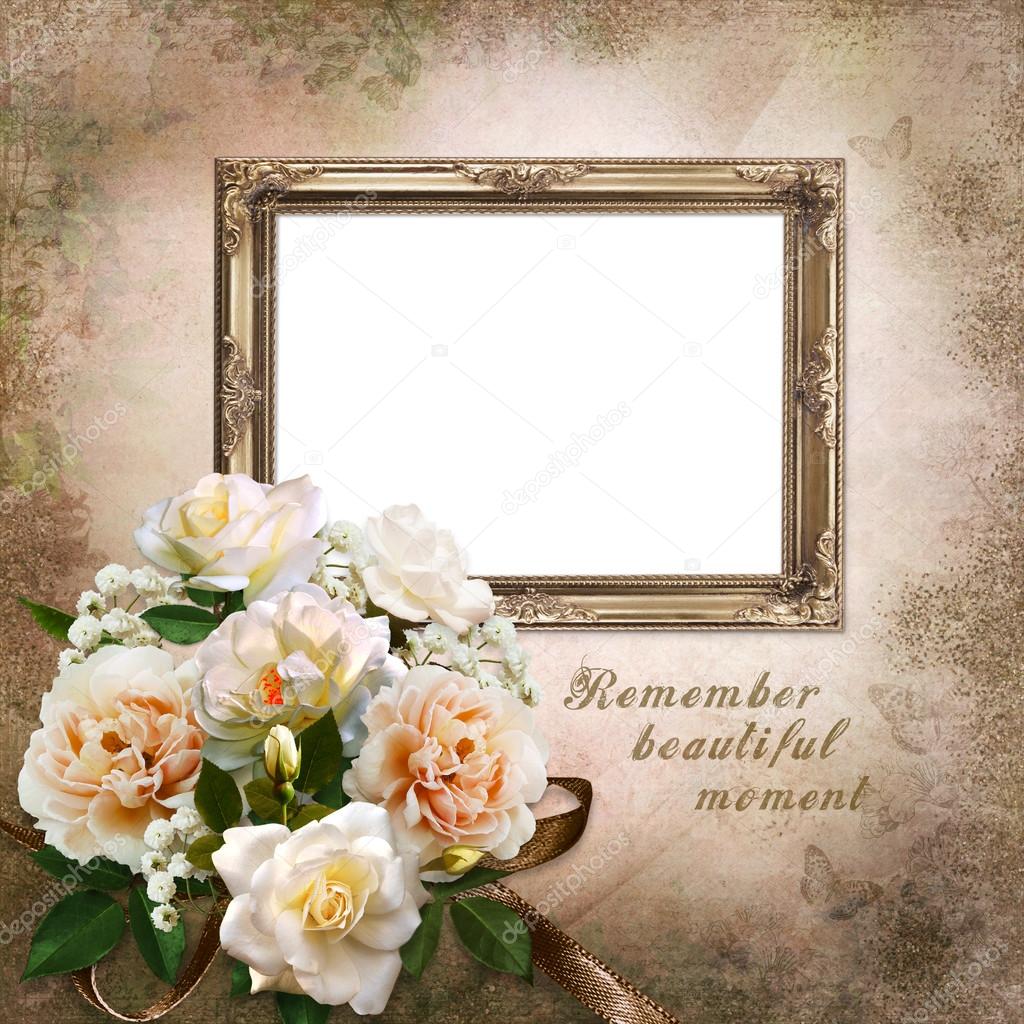 Frame with a bouquet of roses on vintage background