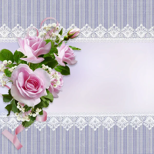 Bukett med rosa rosor på vintage bakgrund med spets — Stockfoto