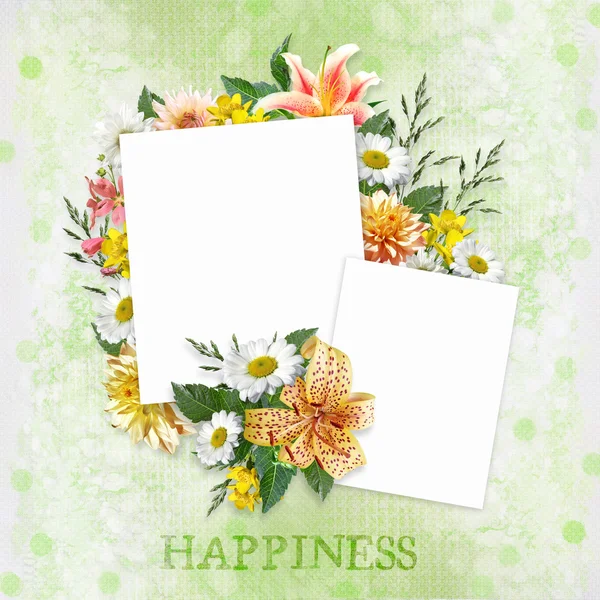 Green background with beautiful flowers and frames with space for photo or text — Stock Photo, Image