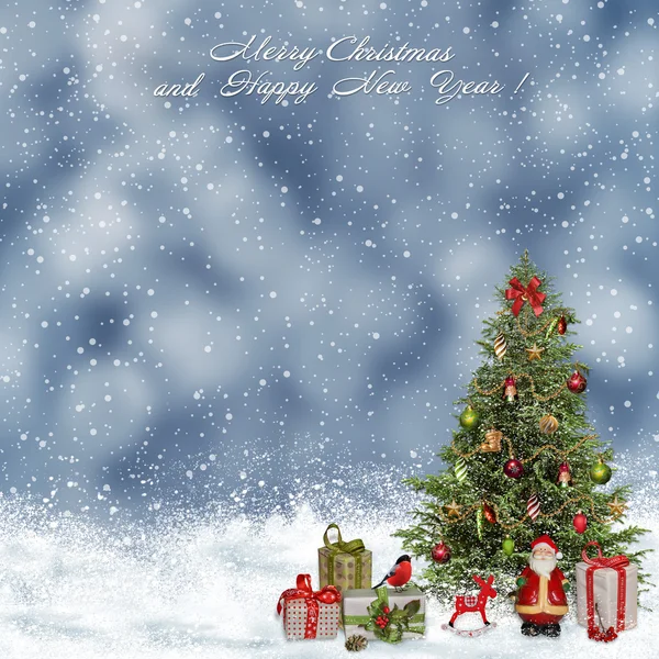 Christmas greeting background with Christmas tree and gifts — Stock Photo, Image