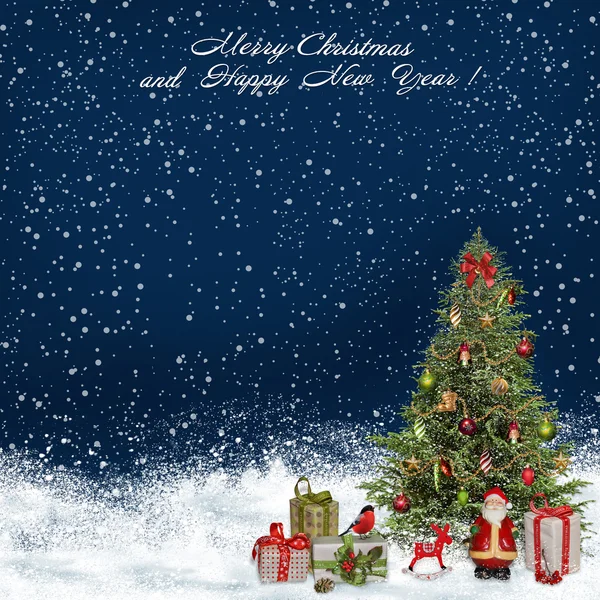 Christmas greeting background with Christmas tree and gifts