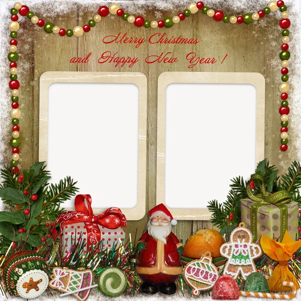 Christmas greeting card with frame, Santa, gifts and candies — Stock Photo, Image