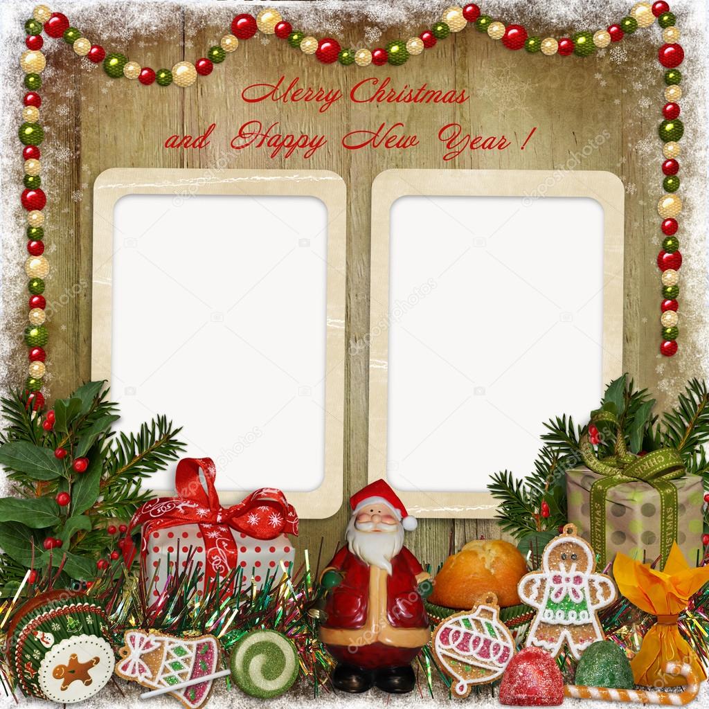 Christmas greeting card with frame, Santa, gifts and candies