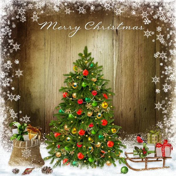 Fond de salutation de Noël avec arbre de Noël et cadeaux Images De Stock Libres De Droits