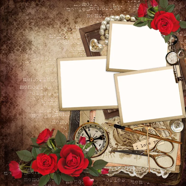 Frames with retro decoration and red roses on vintage background — Stock Photo, Image
