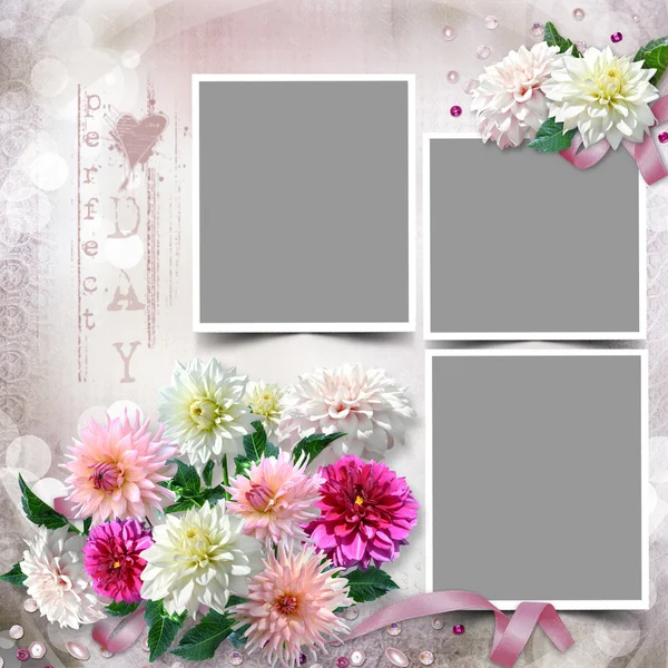 Frame with a bouquet of dahlias in the tender vintage background — Stock Photo, Image