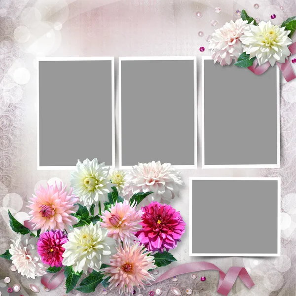 Frame with a bouquet of dahlias in the tender vintage background — Stock Photo, Image