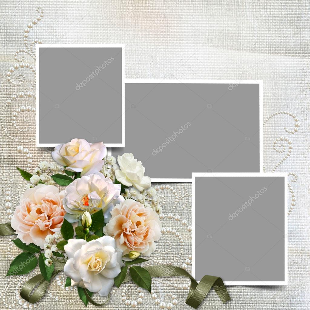 Gorgeous vintage background with roses, pearls and frames