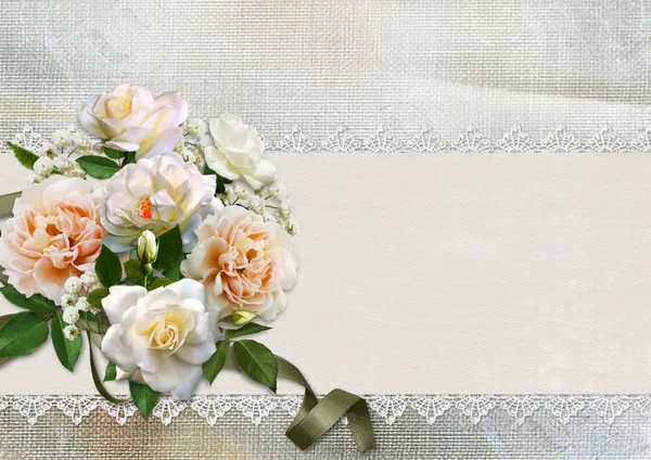 Hermoso fondo vintage con rosas, encaje y espacio para texto — Foto de Stock