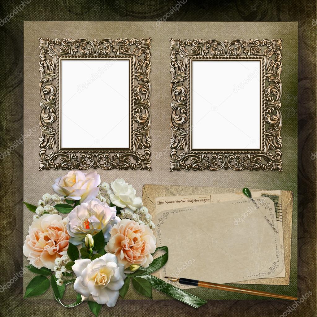 Two frames, a bouquet of roses, old letters on a green vintage background