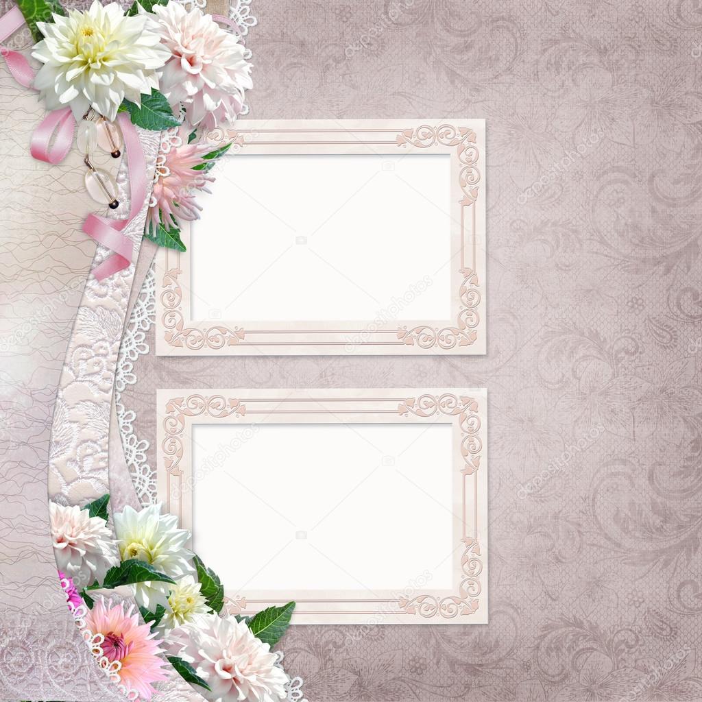Beautiful border of flowers, lace and  frames on vintage background