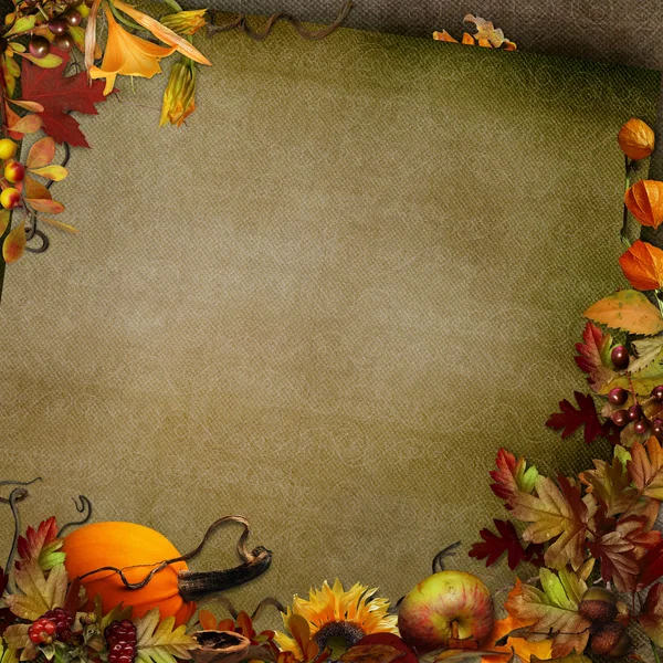 Autumn vintage background with leaves, pumpkin — Stock Photo, Image