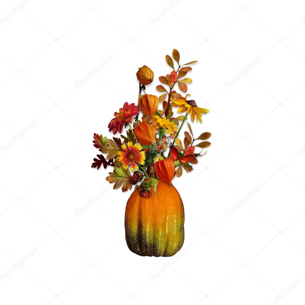 Autumn leaves and flowers in a vase from a pumpkin on an isolated background