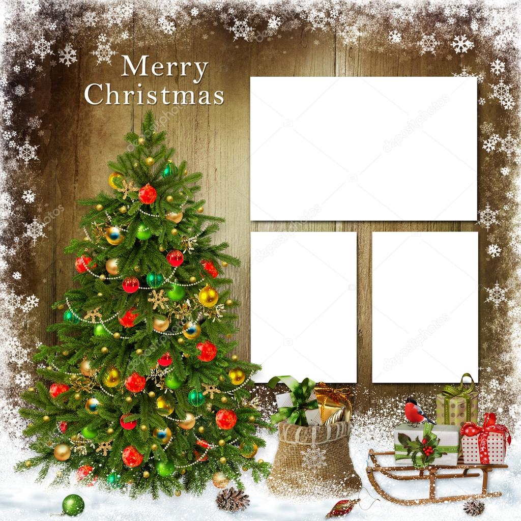 Christmas greeting card with frame, Christmas tree and gifts