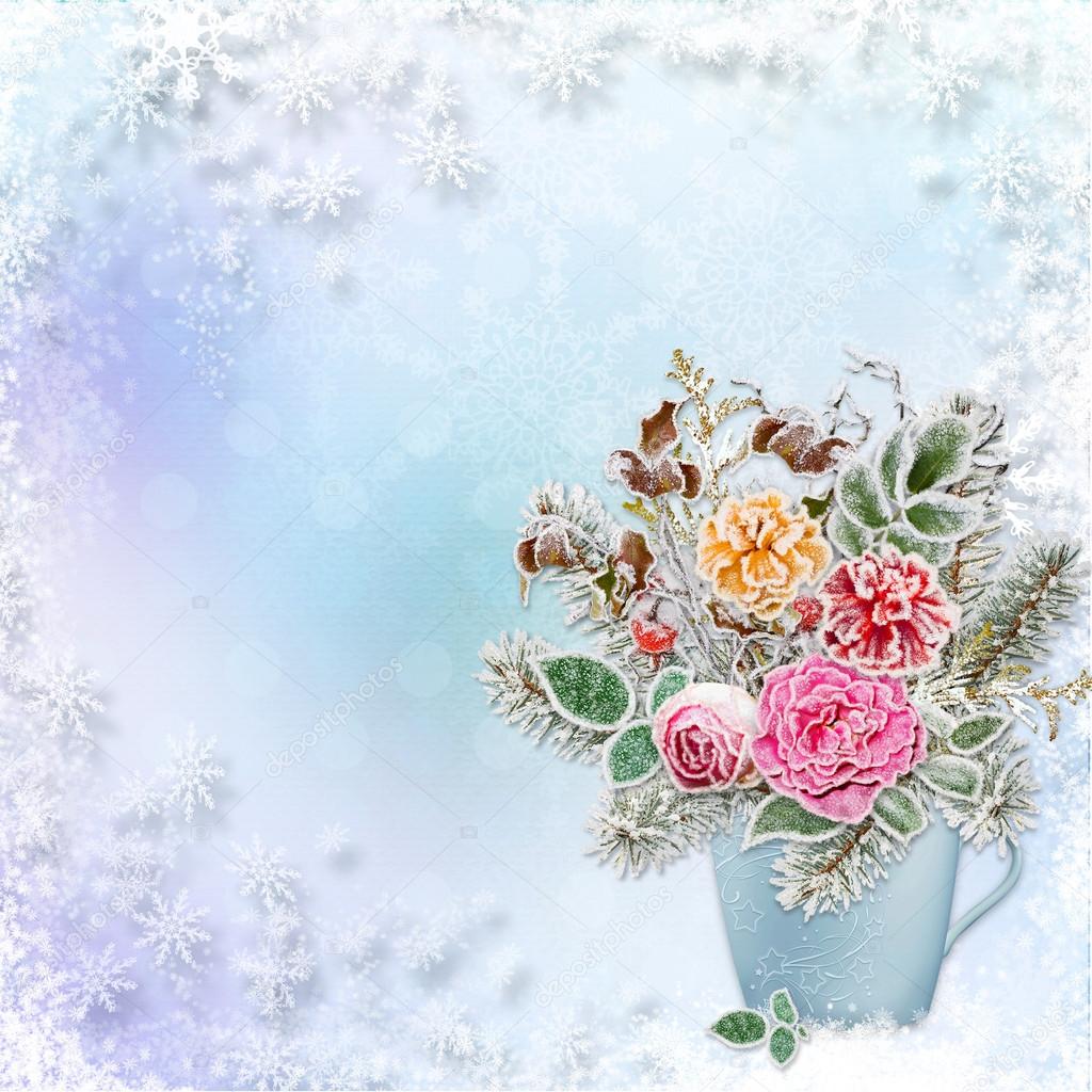 Christmas greeting background a bouquet of flowers and branches with hoarfrost