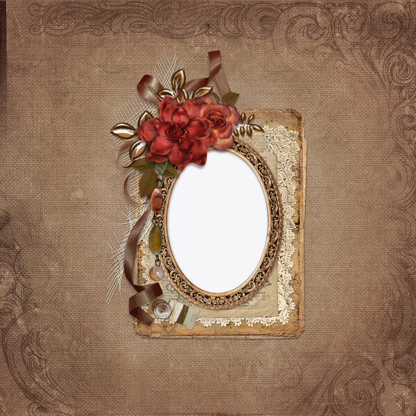 Frame with roses, retro decorations on vintage background