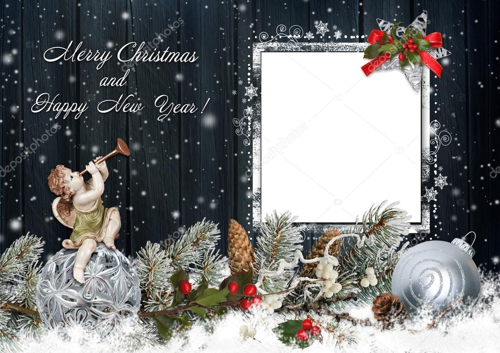 Christmas greeting card with an angel, pine branches and Christmas decorations