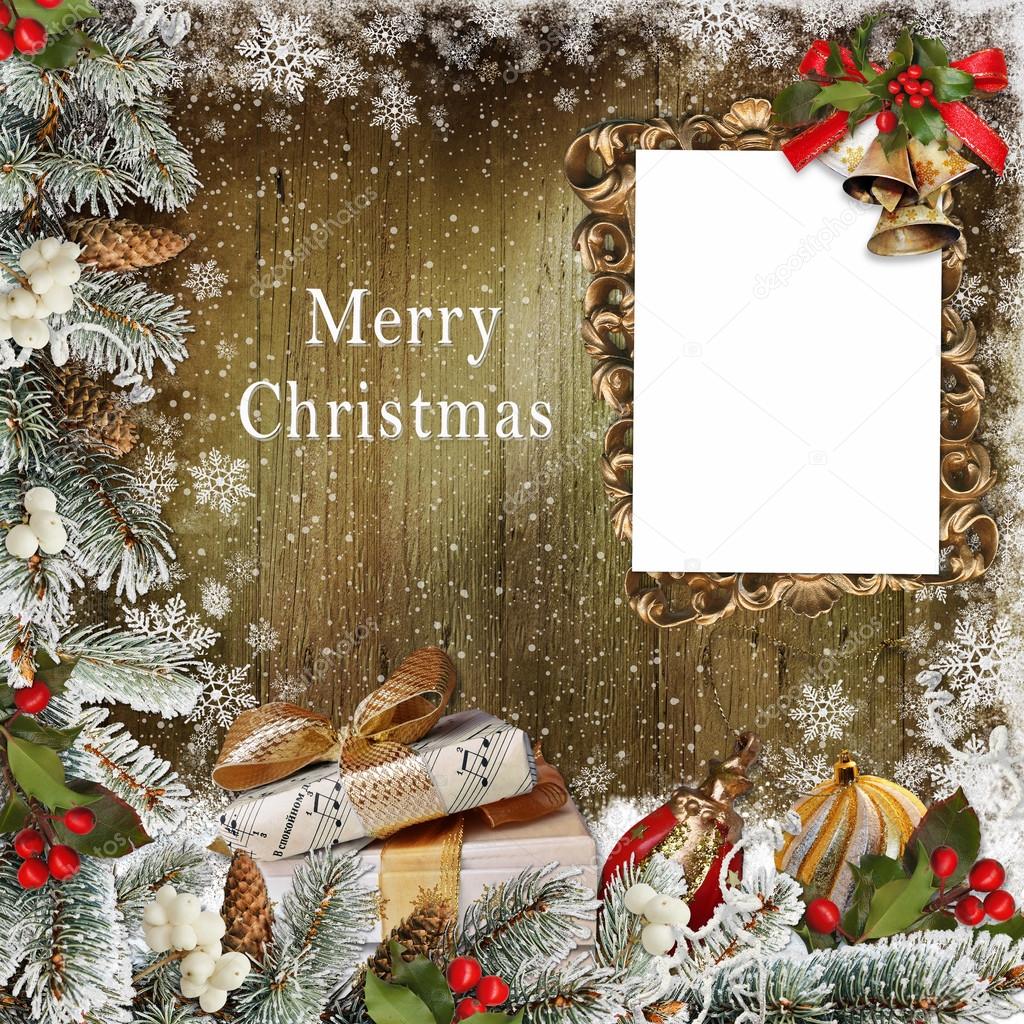 Christmas greeting card with frame, gifts, pine branches and Christmas decorations