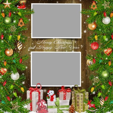Fotoğraf çerçeveleri, çam güçlü, hediyeler ve Noel ile arka plan dekorasyon