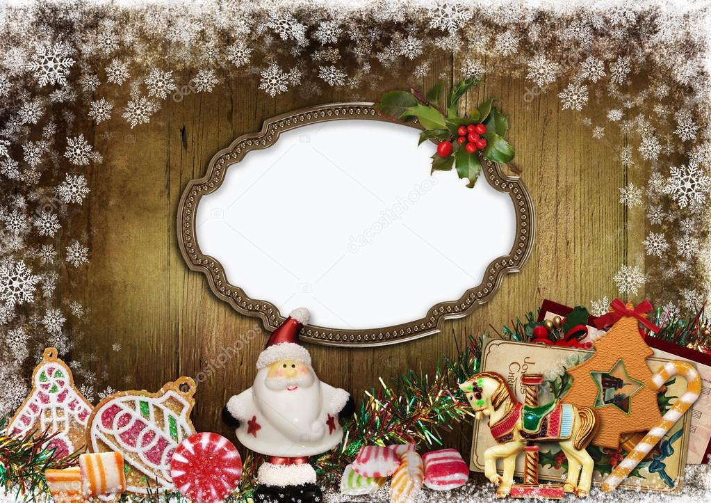 Christmas greeting card  with frame, Santa Claus, cookies, candy and Christmas decoration