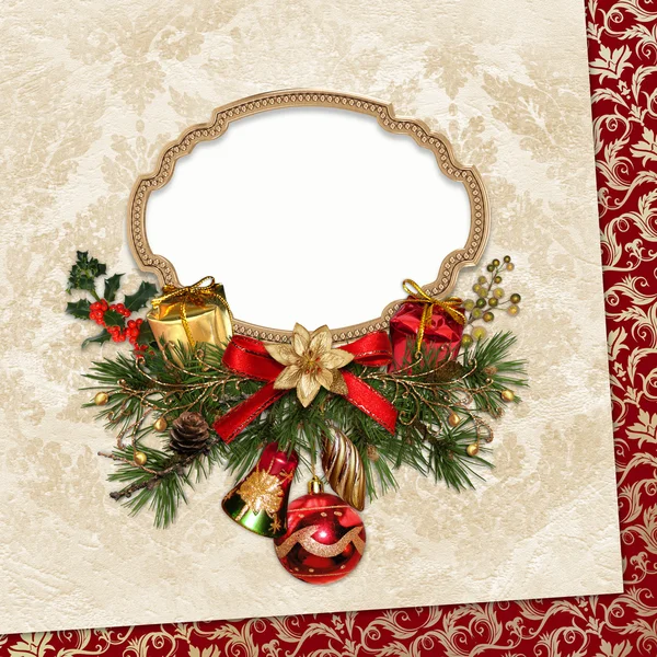 Vintage Christmas card with frame, pine branches and Christmas decorations — Stock Photo, Image