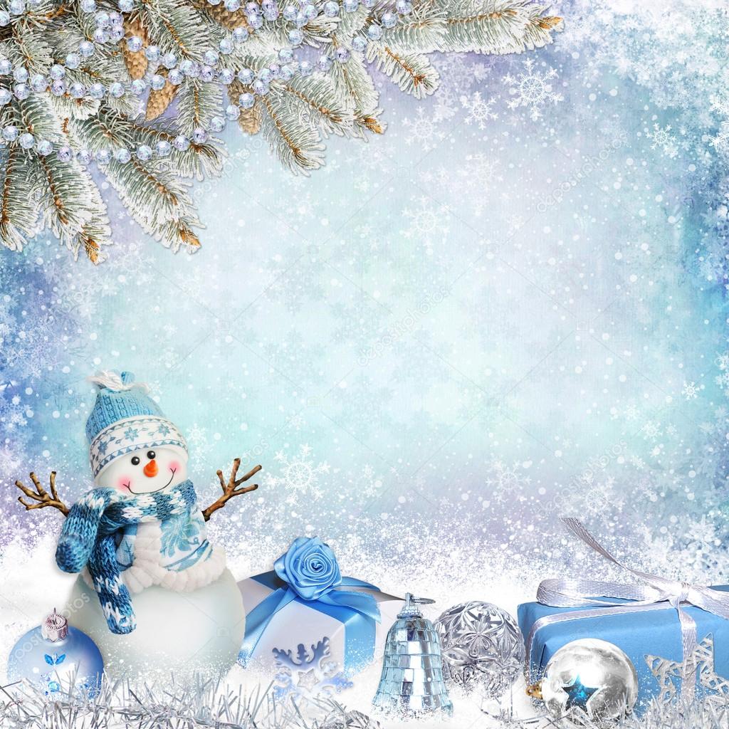 Christmas greeting background with pine branches, snowman and gifts