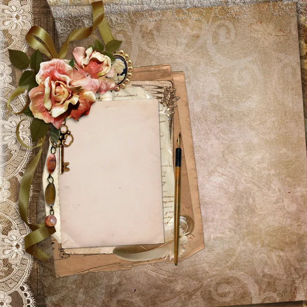 Vintage background with old card, letters, withered roses — Stock Photo, Image