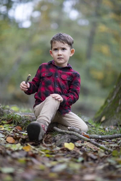 Little Beautiful Boy Sitting Ground Forest Hurt His Knee — Stock Photo, Image