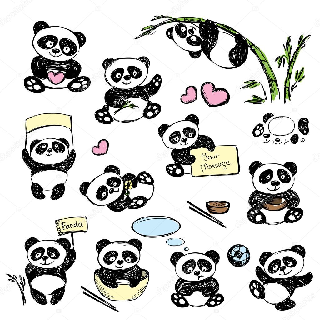 Legen Sie Cute Panda in verschiedenen Posen, hand Zeichnen ...