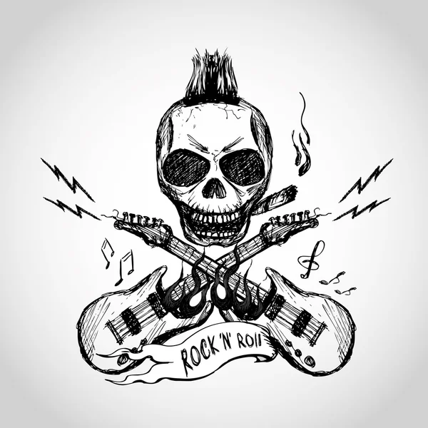 Rock and roll guitarra calavera en negro dibujo de la mano imágenes de  stock de arte vectorial | Depositphotos