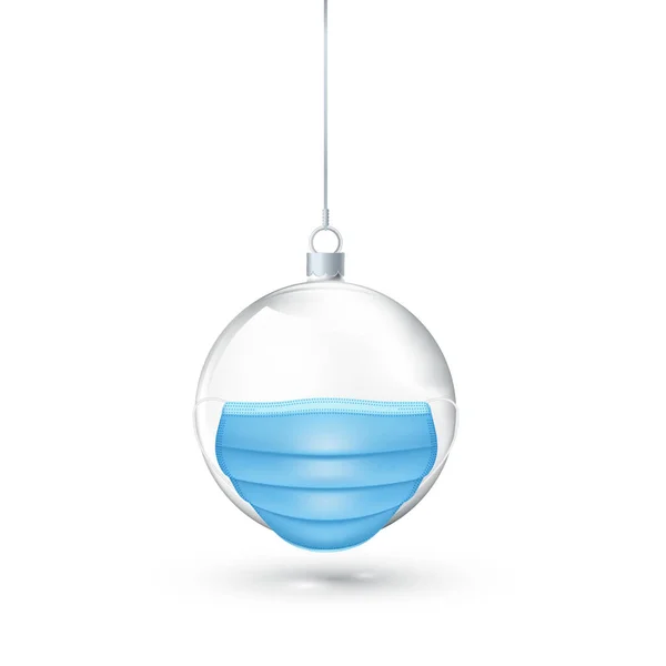 Boule Noël Transparente Verre Avec Masque Visage Isolé Fond Blanc — Image vectorielle