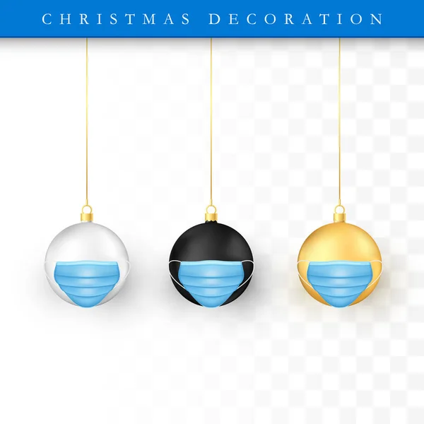 Set Bolas Navideñas Con Mascarilla Facial Elemento Decorativo Navideño Oro — Vector de stock