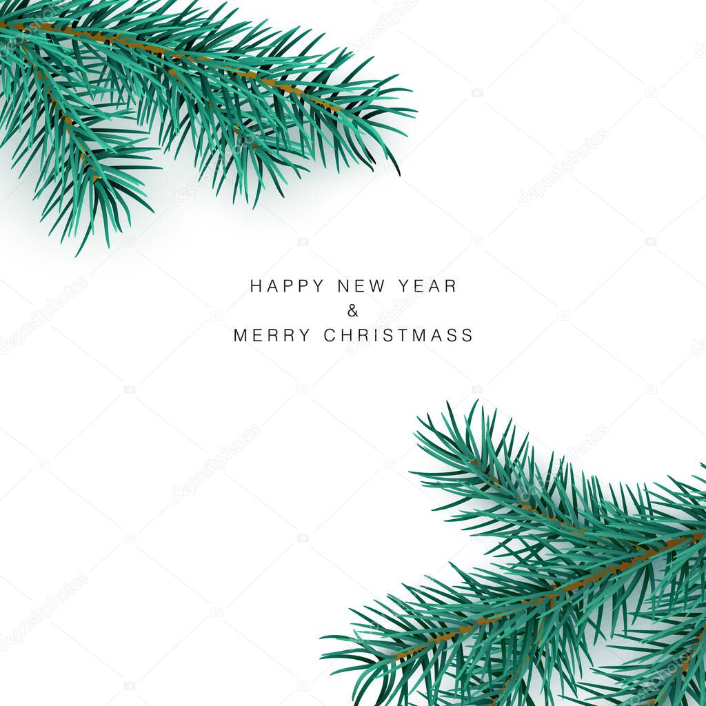 Happy New Year and Merry Christmas Greeting Card Template. Green branch of pine on white background. Vector