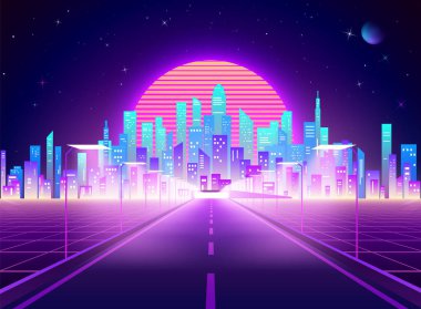 Siberpunk 'ın gelecekçi kasabasına giden yol. Neon retro şehir manzarası. Bilimkurgu arka planı soyut dijital mimari. Vektör illüstrasyonu