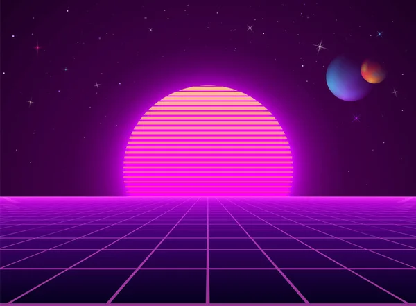 Neon Cyberpunk Futuristische Landschaft Sci Hintergrund Abstrakten Digitalen Planeten Vektorillustration — Stockvektor