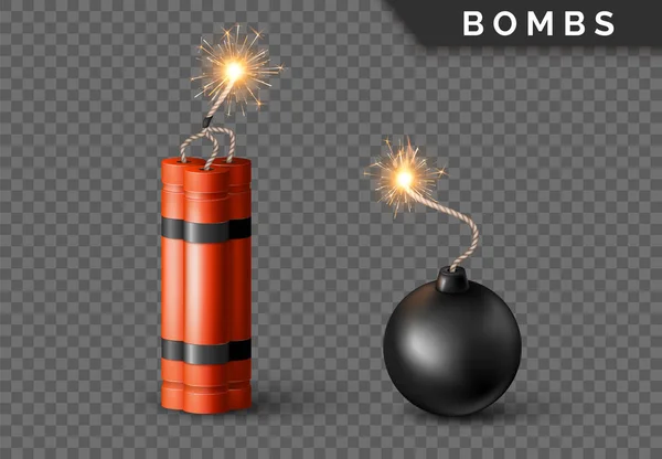 Динамит Бомба Горящим Уиком Бомба Чёрной Шарой Военное Взрывное Красное — стоковый вектор