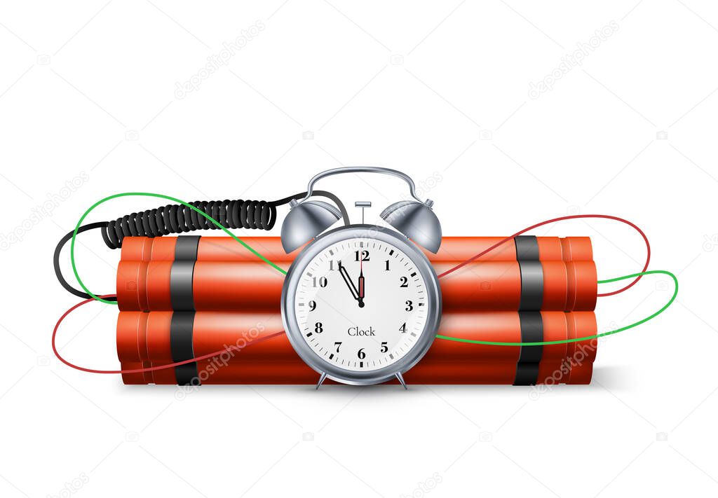 Dynamite Bomb with Countdown Clock. Military Detonate Red Weapon. Vector illustration isolated on white