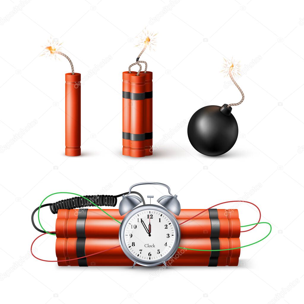 Dynamite Bomb with Countdown Clock and Black Sphere Bomb. Military Detonate Weapon. Vector illustration isolated on white