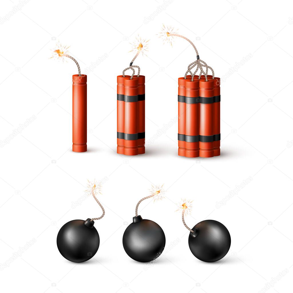 Set of Dynamite Bomb with Burning Wick and black sphere bomb. Military Detonate Weapon. Vector illustration