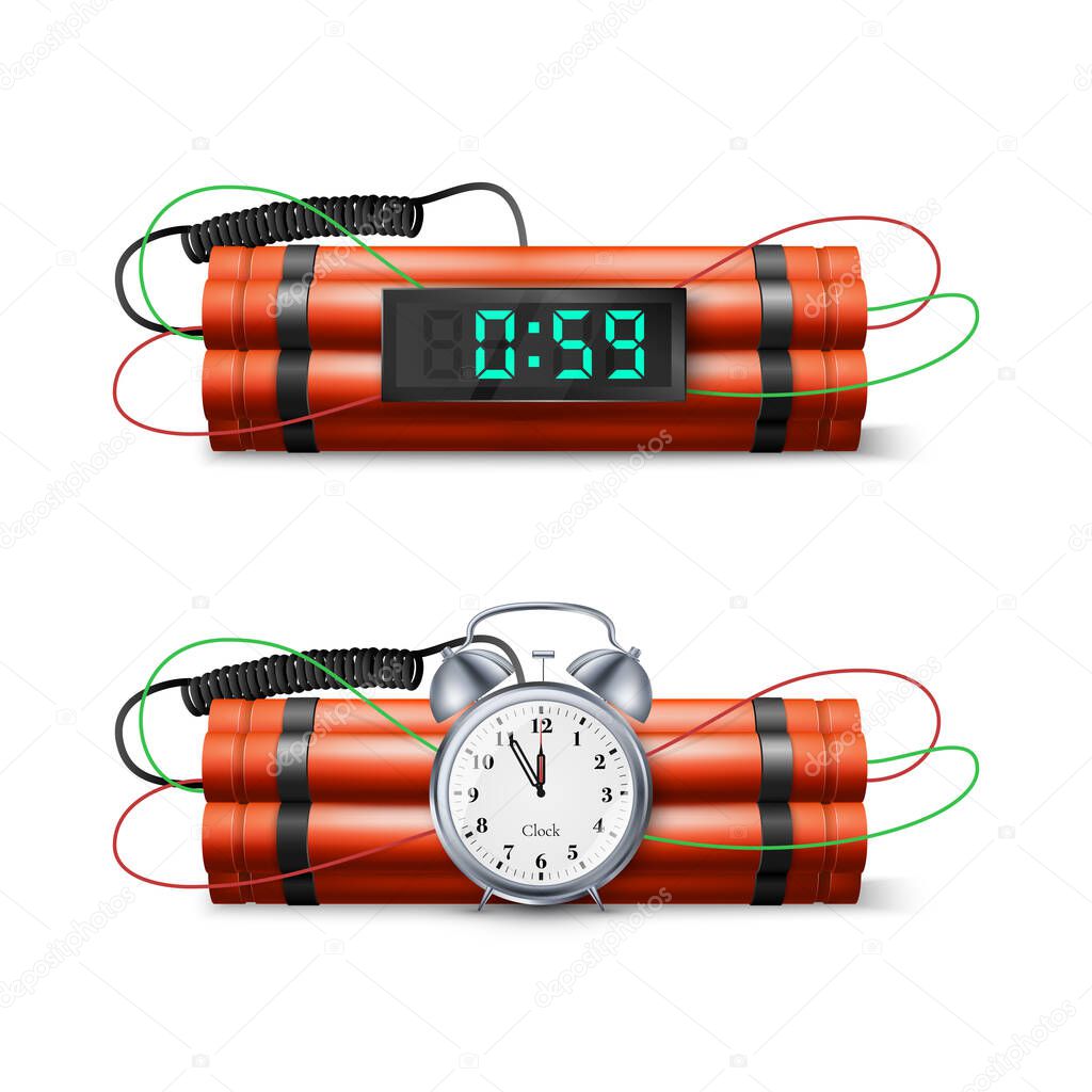 Dynamite Bomb with Countdown Clock and Digital Timer. Military Detonate Red Weapon. Vector illustration 
