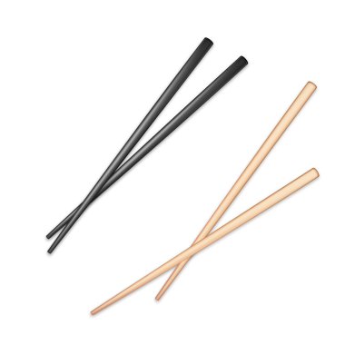 Gerçekçi siyah ve açık renkli ahşap çubuklar. Yemek çubuğu elementi Asya ya da geleneksel doğu kültürü. Vektör beyazda izole edildi