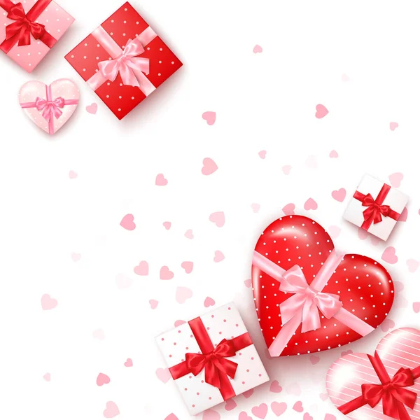 Συλλογή Δώρων Τετράγωνο Και Καρδιές Σχήμα Κουτιών Μεταξωτή Κορδέλα Και — Διανυσματικό Αρχείο