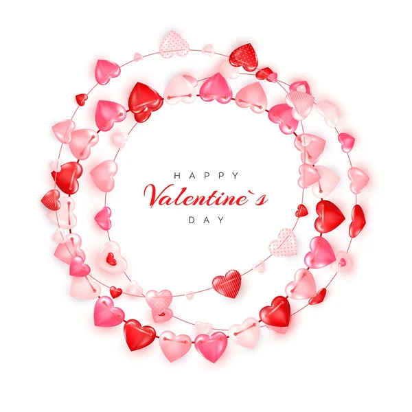 Окружность Украшения Гирлянды Красных Розовых Сердец Открытки День Святого Валентина — стоковый вектор