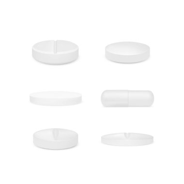 Gerçekçi beyaz haplar. 3D ilaç ya da vitamin üretimi. Vektör illüstrasyonu