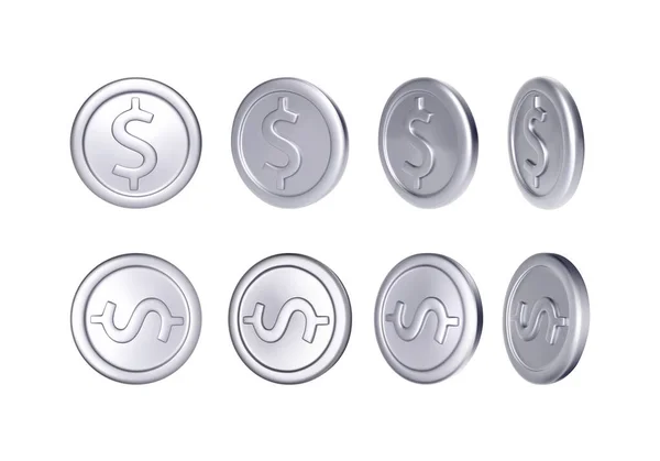 Conjunto Moeda Prata Com Símbolo Dólar Rotação Dinheiro Metálico Ilustração —  Vetores de Stock