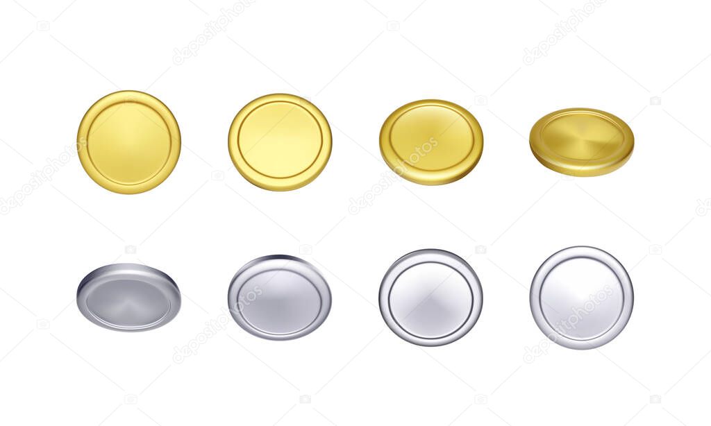 Set of gold and silver coin. Rotation metallic money. Vector illustration