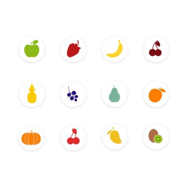 Meyve seti. Sağlıklı gıda koleksiyonu. Düz çizim. Farklı meyve ve böğürtlenlerin ikonları. Vektör beyaz arkaplanda izole edildi