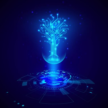 Gelecekçi HUD elementleri. Devre ağacı hologram elementleri olan soyut yüksek teknoloji çemberleri sanal gerçeklik. Bilim kurgu fütürist kullanıcı arayüzü. Vektör illüstrasyonu