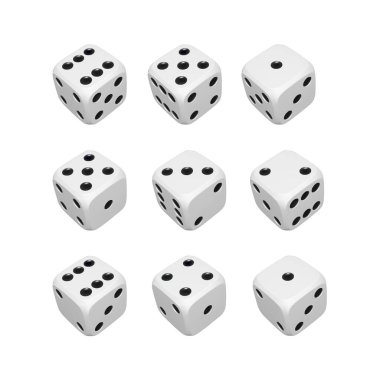 3D zar seti. Beyaz gerçekçi zarlar yap. Kumarhane ve bahis geçmişi. Vektör illüstrasyonu 