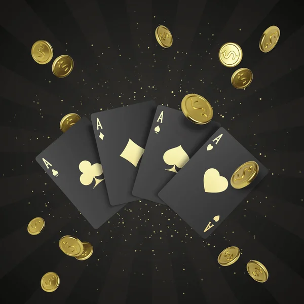 Четыре Черные Карты Покер Золотой Этикеткой Падающей Золотой Монетой Заднем — стоковый вектор